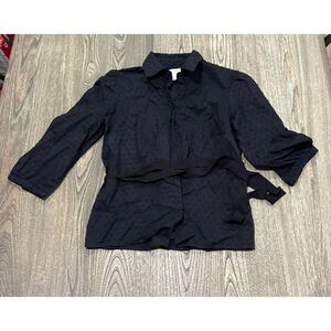 Ann Taylor LOFT 3/4 Sleeve Blouse Button-Up Belted Collared Neck Black Size 8